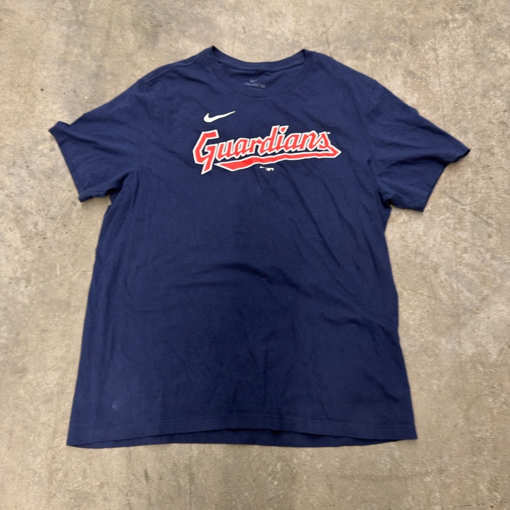 Nike Navy Blue Graphic Logo Tee with White Swoosh and Red Accents